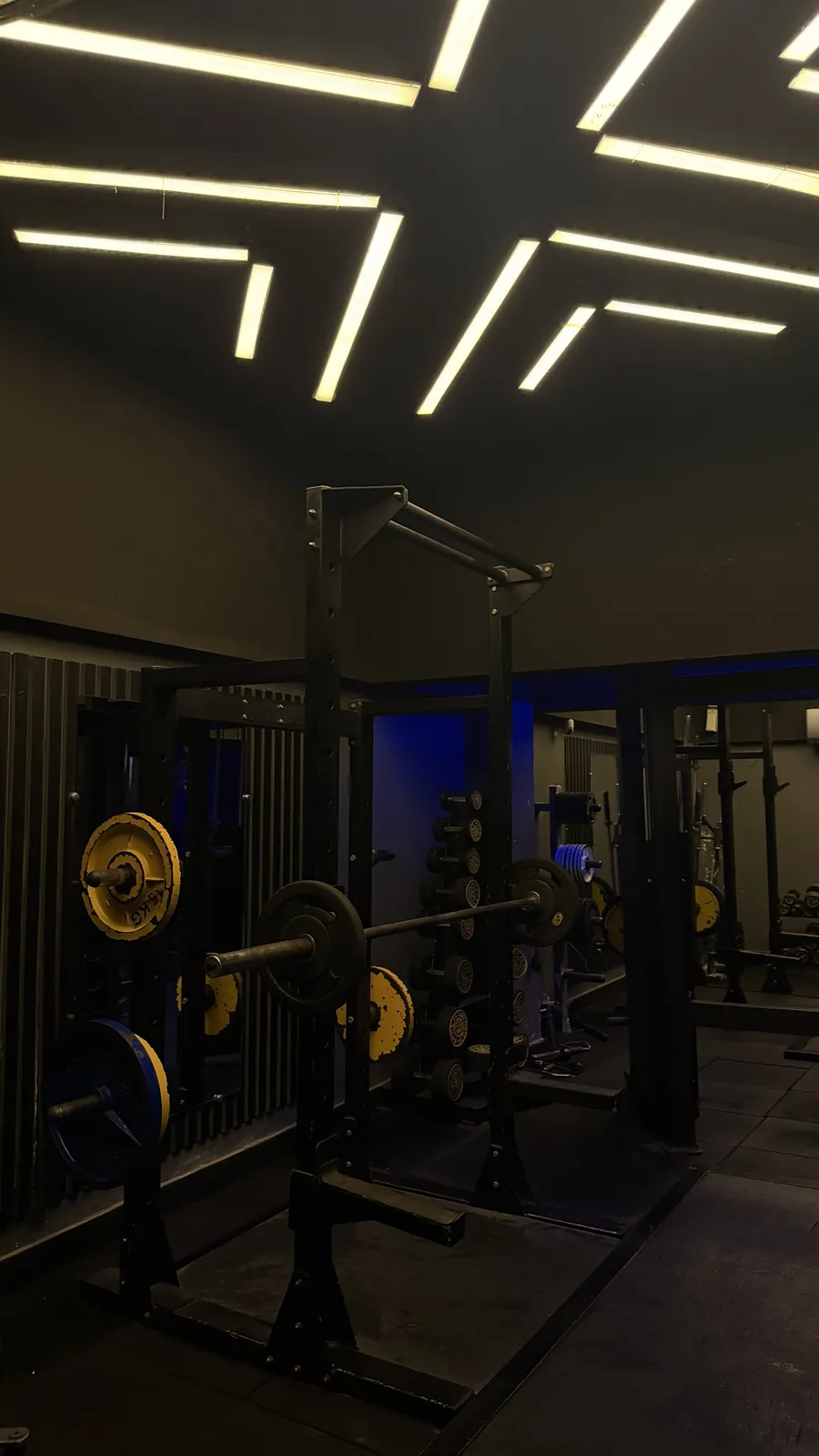 Squat rack and Olympic plates on the Hanma strength floor